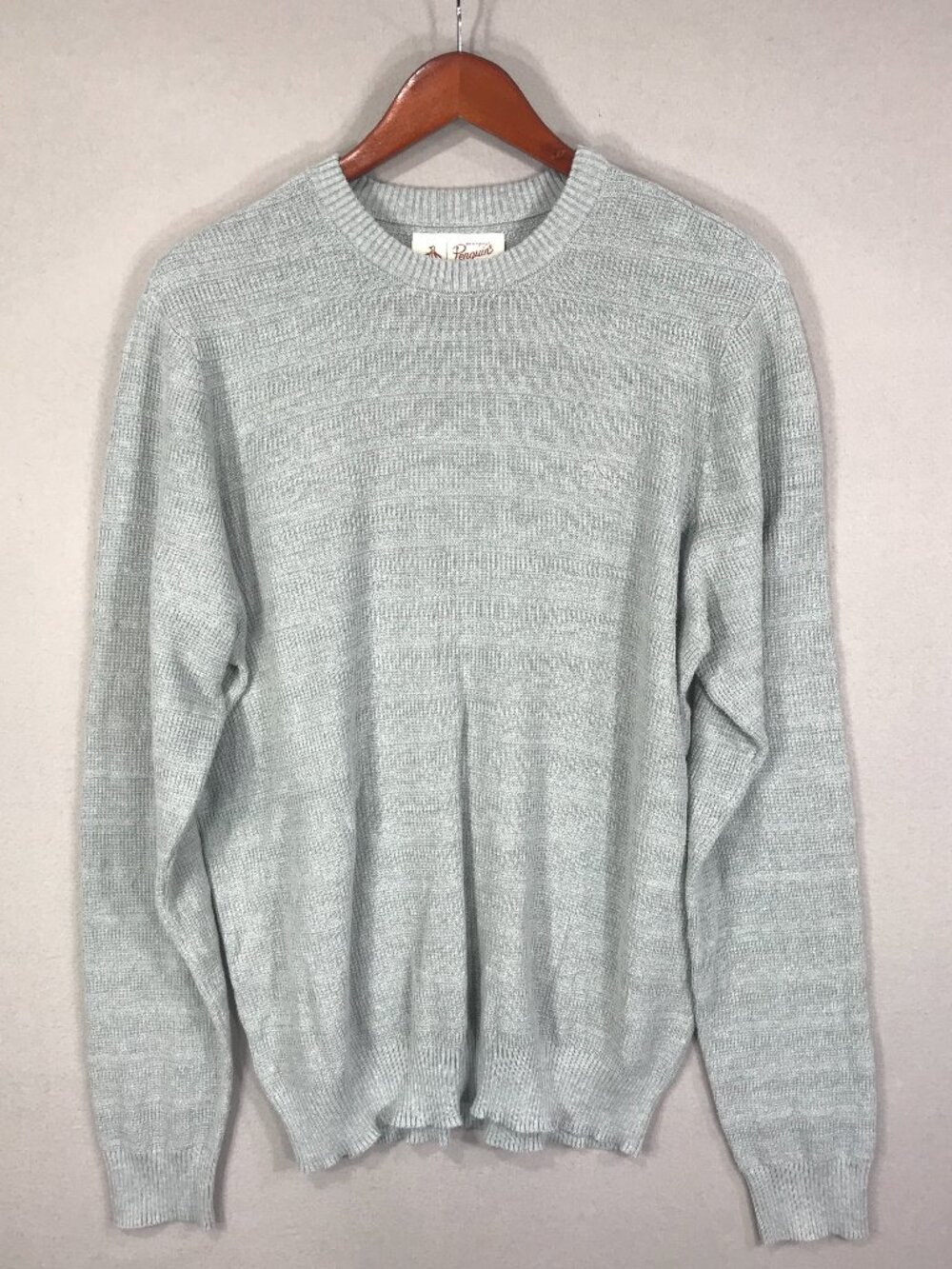 Original Penguin Sweater Mens Large Gray Textured Logo Pullover Crew Long Sleeve